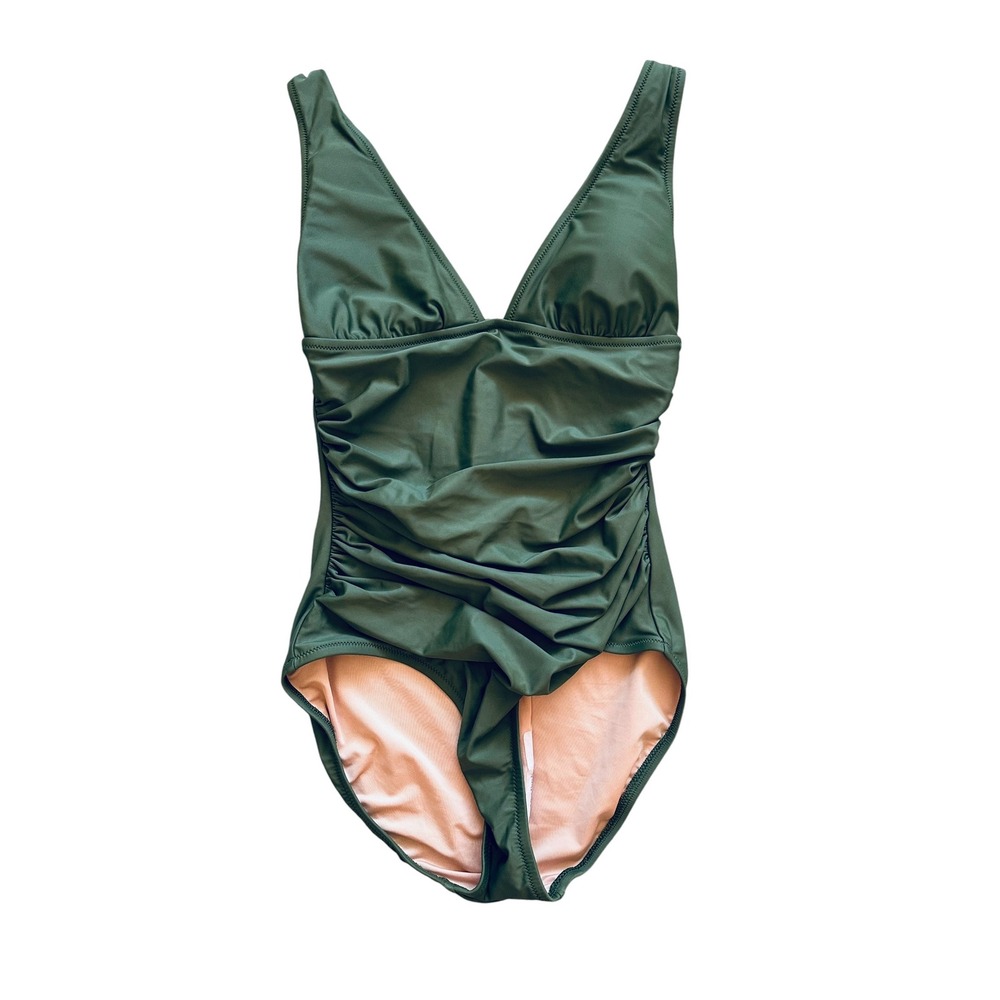 J.Crew Ruched V-Neck One-Piece Swimsuit Green Safari BC116 Size 4 New